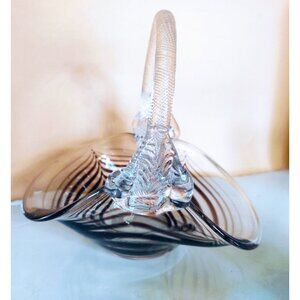 Vintage Art Glass Basket Brown Zebra Swirls 8" Tall Signed "Demarchi" 1983